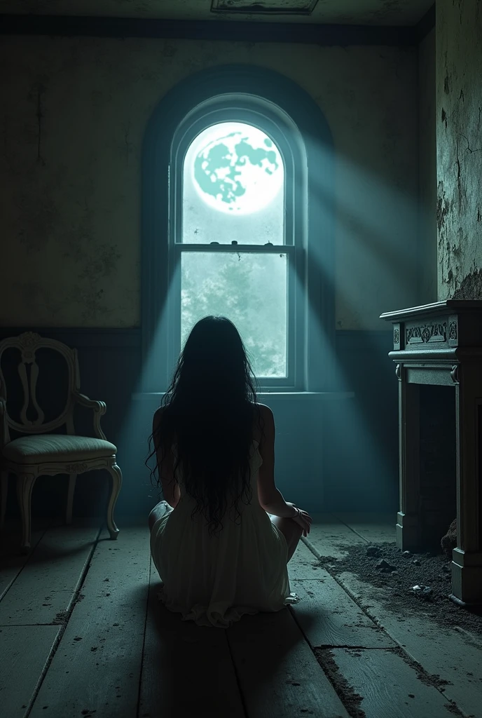 And inside a very old house, the moon illuminating an extinguished fireplace, a young woman crouching with her back turned, with very scary black hair.