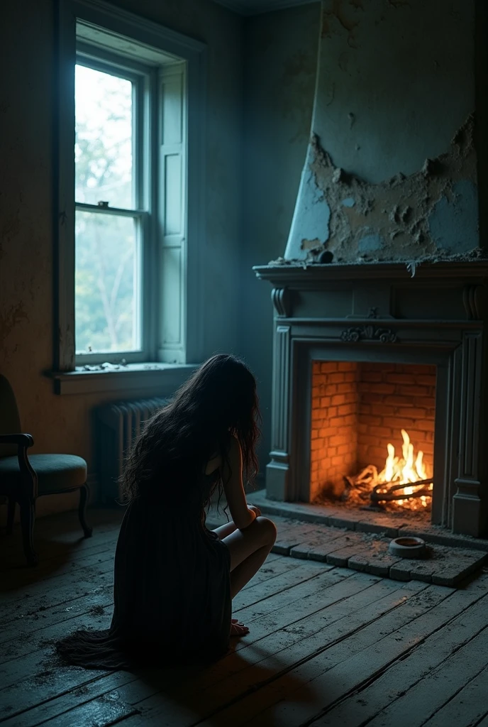 And inside a very old house, the moon illuminating an extinguished fireplace, a young woman crouching with her back turned, with very scary black hair.
