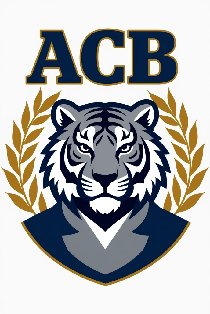 Create a logo for a marching band featuring a tiger in uniform, using indigo blue, gray, and white colors. The letters ACB should be at the top, surrounded by a golden olive wreath. The logo should be simple and elegant.