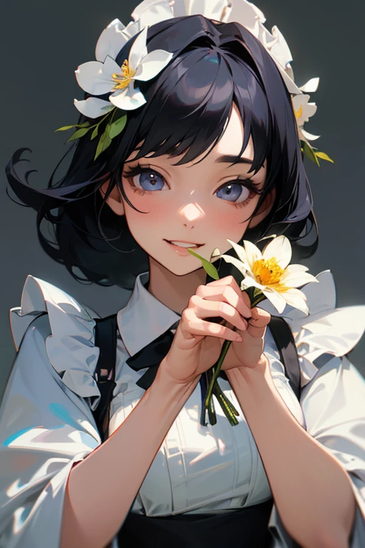 (Highest Resolution, clear_image) 、((Holding a beautiful flower in your hand)).Highest quality, single, One woman, alone, masterpiece, Very detailed, Semi-realistic, Black Hairのショートヘア, Black Hair, bangs, 18-year-old, mature, Light blue ,  kind, Authoritative, Powerful, exquisite features, exquisite features、Eyelashes become longer、Showing teeth、smile😀、Maid clothes、woman&#39;Fingers in the、Long Hair、Fluttering in the wind、((Carrying beautiful flowers)).(The color of the flowers is bright).