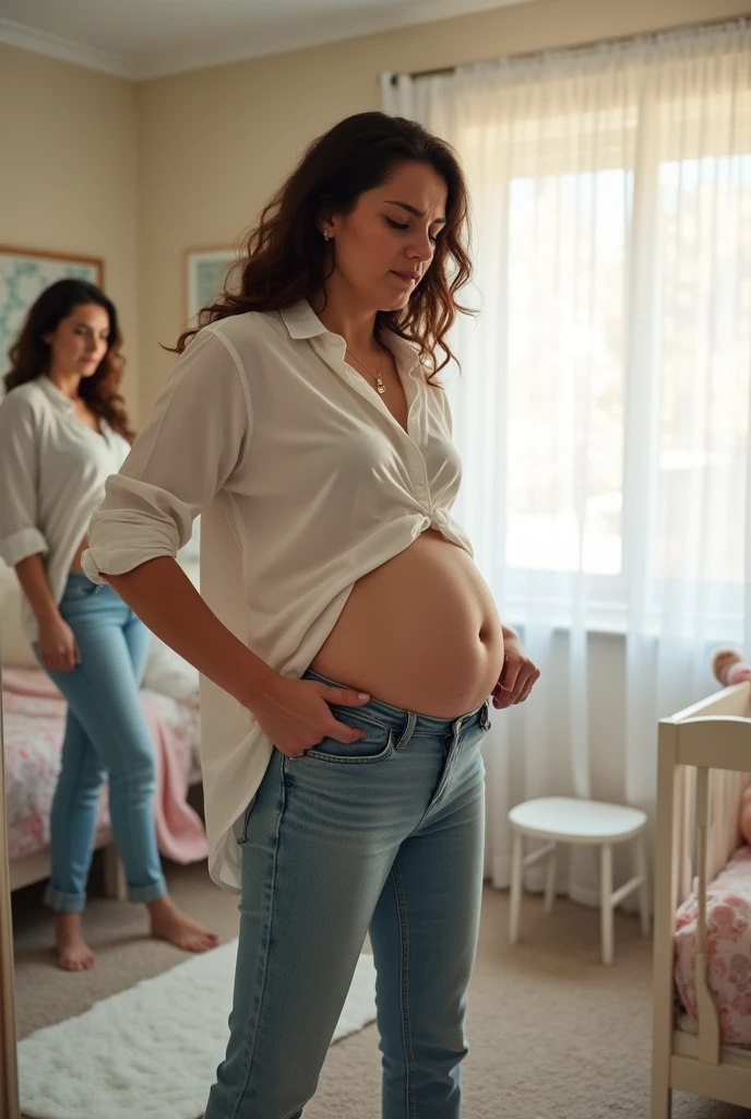 A postpartum woman struggling to put on pants because they are too tight.