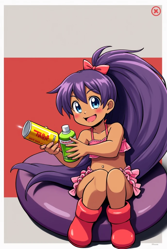 1girl, (Expressive eyes), (Perfect Face), ((((cute)))), (((Baby Face))), (((((female child))))), (((7 years old))), ((Flat Chest)), brown skin, blue eyes, smile, Short ponytail, black hair, siting, Holding a ramune bottle, frill bikini, (Sweat), ultra detailed, (beach), 16k, (Best quality)