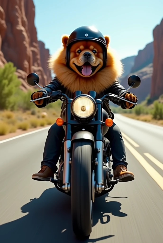 1 Dog, raza chow chow, riding a motorcycle, black motorcycle, rock, with leather jacket, black helmet, on the road, smile.