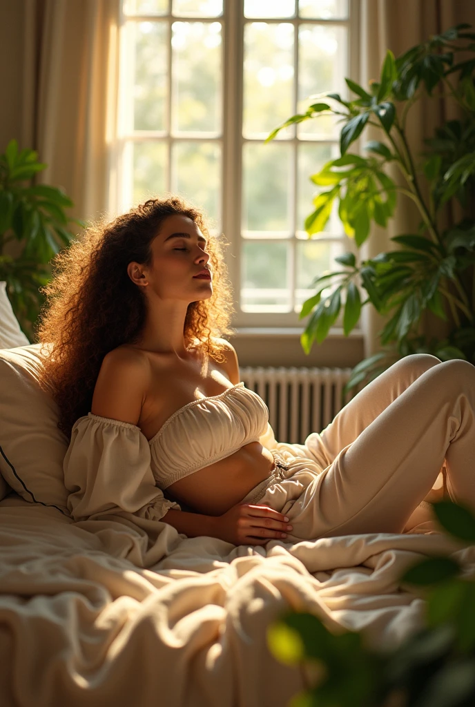 (photorealism:1.2), beautiful woman, sitting on bed, wearing loose off-shoulder top, pajama pants, long curly hair, indoors, soft lighting, plants in background, window with sunlight, cozy room, relaxed pose, realistic, intricate details, warm colors, by Greg Rutkowski, by Alphonse Mucha