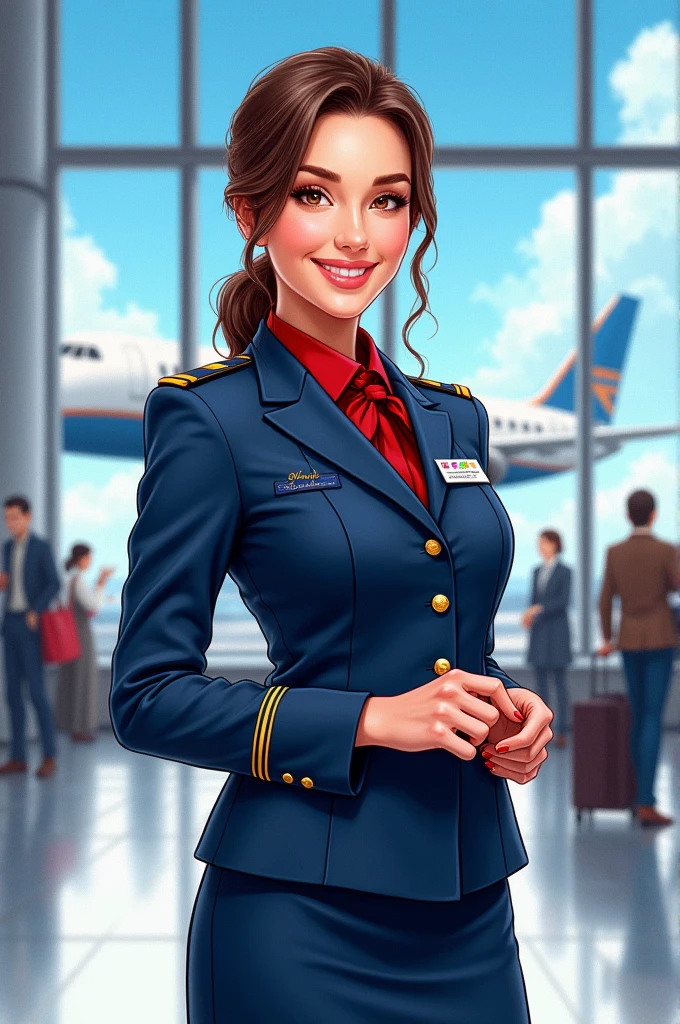 Sketch of a beautiful young chief flight attendant of a major airline