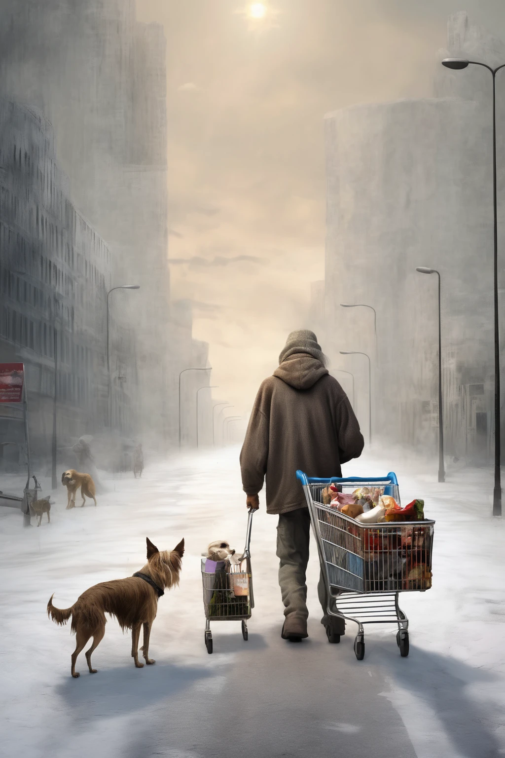 A homeless man wandering with his shopping cart and accompanied by his dog at the end of the world. Surreal.