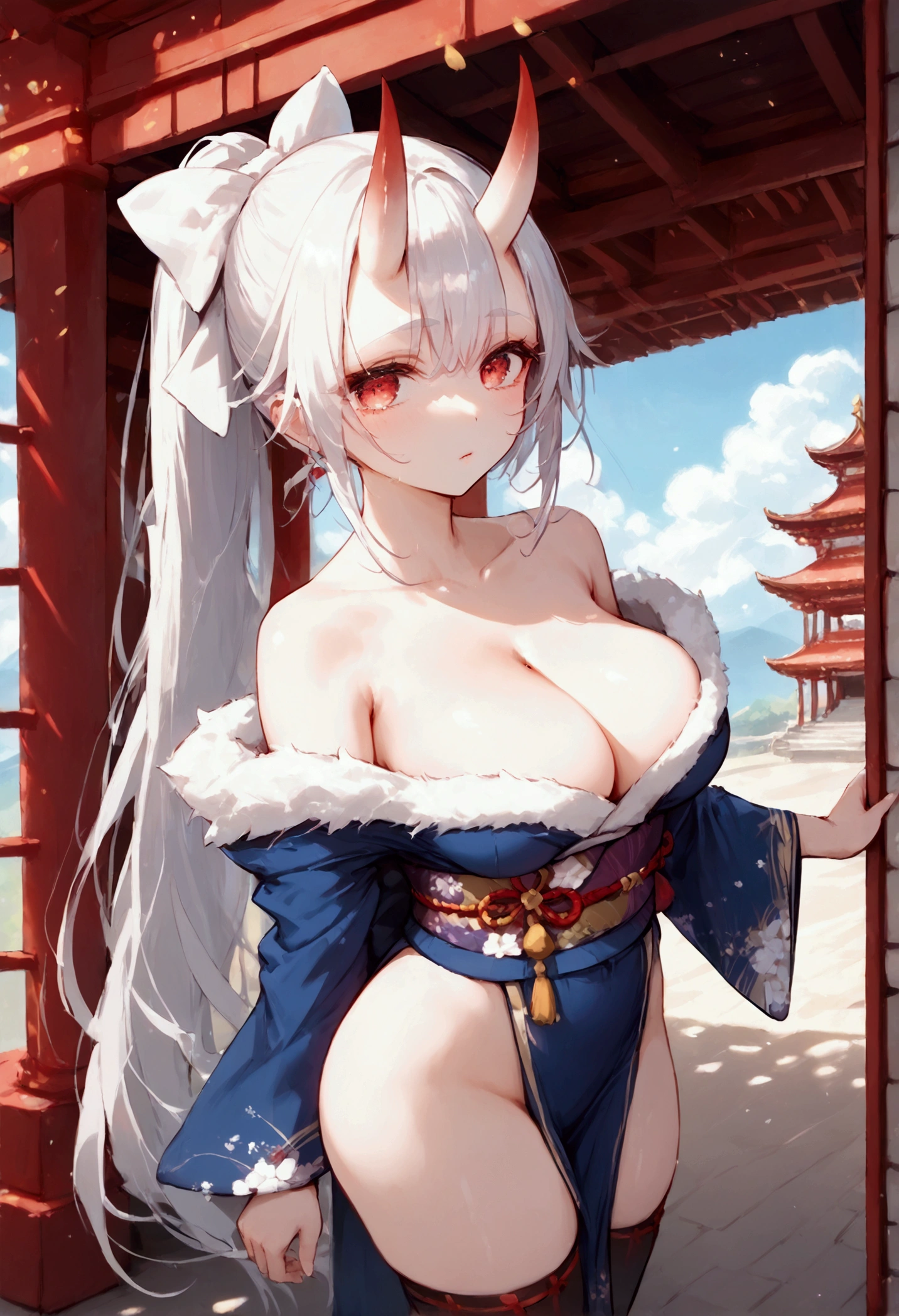 score_9, score_8_up, score_7_up, source_anime, (masterpiece), best quality, expressive eyes, perfect eyes, perfect face, oni girl, oni horns, red eyes, soft lips, long hair, very long hair, wide hips, (white hair:1.2), (white eyebrows:1), (white eyelashes:1), medium :0.5, higuchi madoka, big breull body, background: temple, marine_kimono, japanese clothes, fur trim, wide sleeves, pelvic curtain, cleavage, hair bowbow, hair flower, ponytail, thighhighs, 