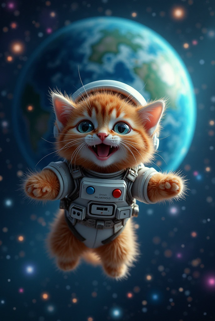 “A cat wearing a spacesuit floating weightlessly in outer space. The Earth is visible in the background, with stars twinkling around. The cat is happily spreading its front paws.”