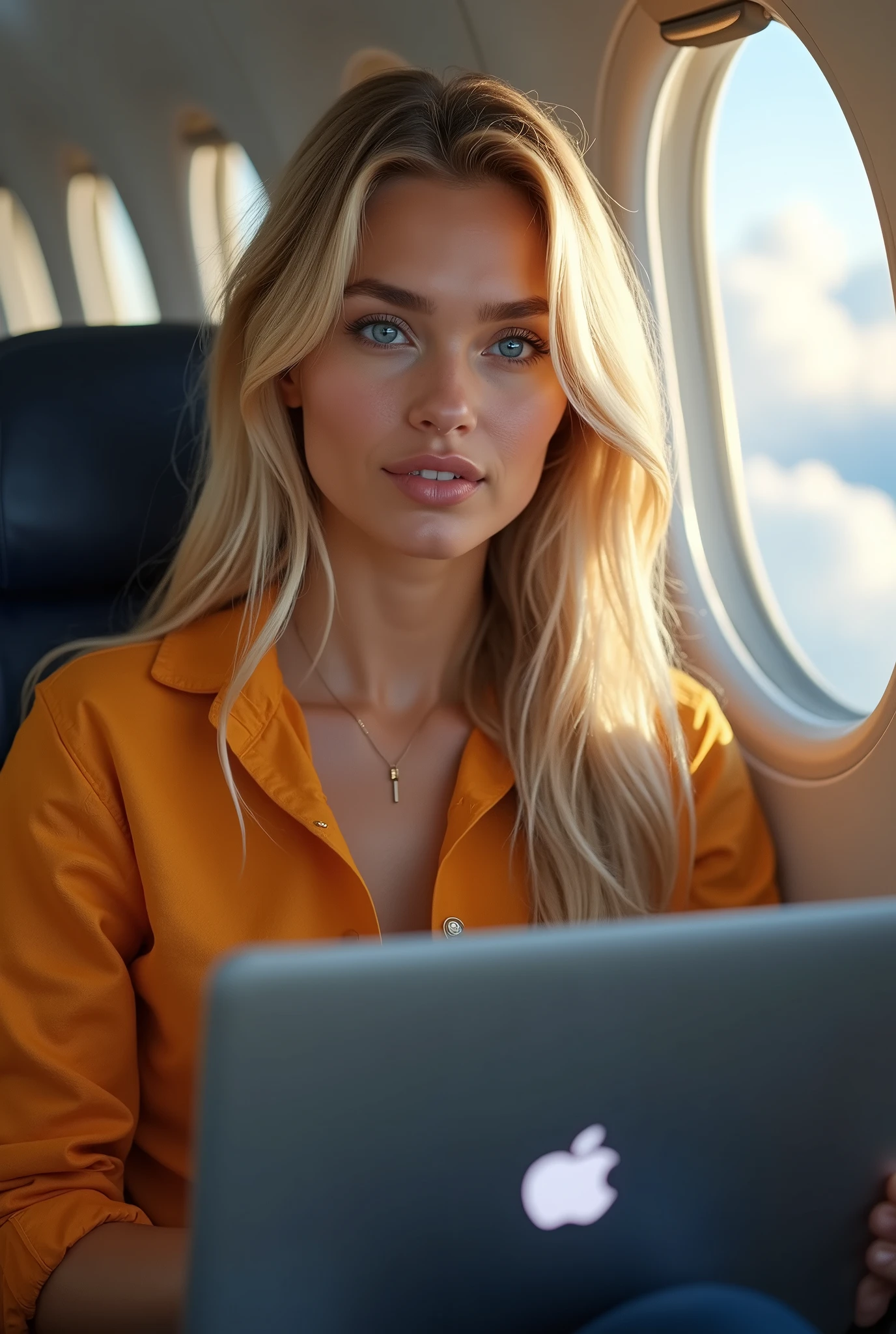 Beautiful 24 year old blonde girl with blue eyes and big breasts is traveling on a plane with her apple computer extremely detailed, realistic, photorealistic, high quality, 4k, 8k, masterpiece, ultra detailed, vivid colors, HDR, studio lighting , sharp focus, physical representation, professional portrait