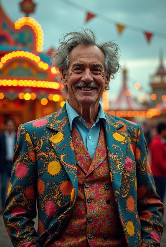 A tall man, middle-aged, with gray, unkempt hair that contrasts with your always exaggerated and colorful suit, generally bright and full of bizarre patterns. Your face wears a constant smile, with eyes that sparkle with a mix of cunning and insanity.