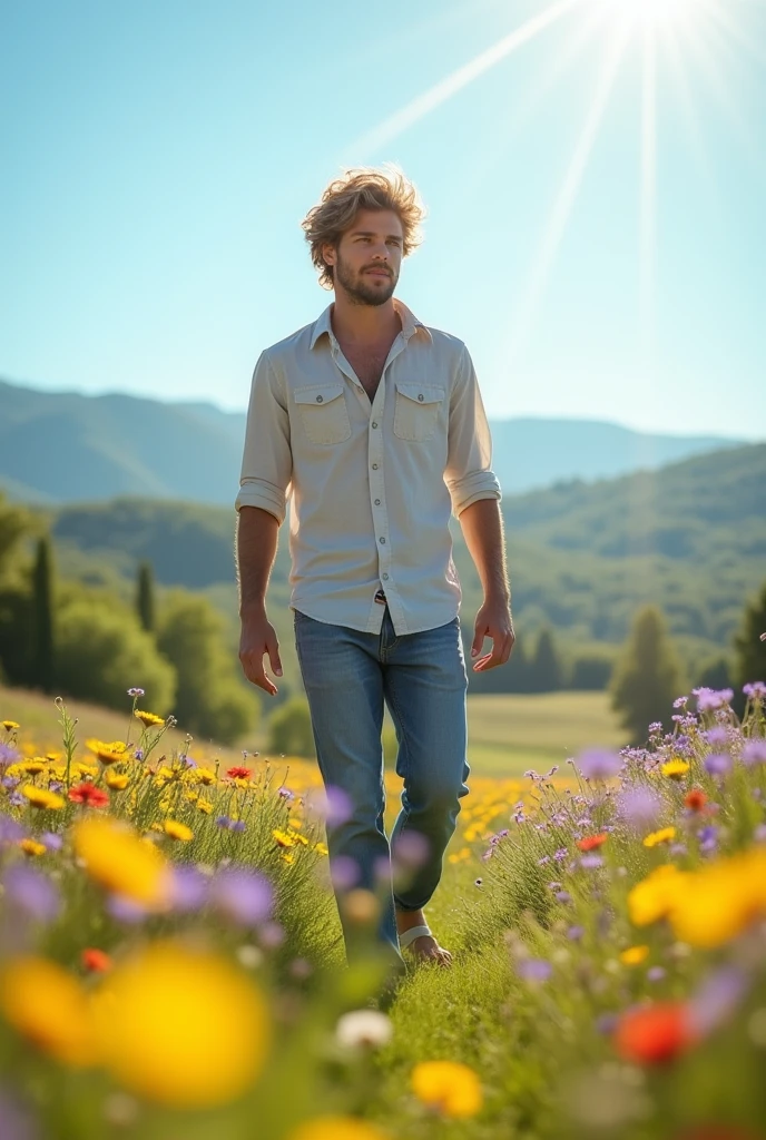 There is a young man walking through the field.