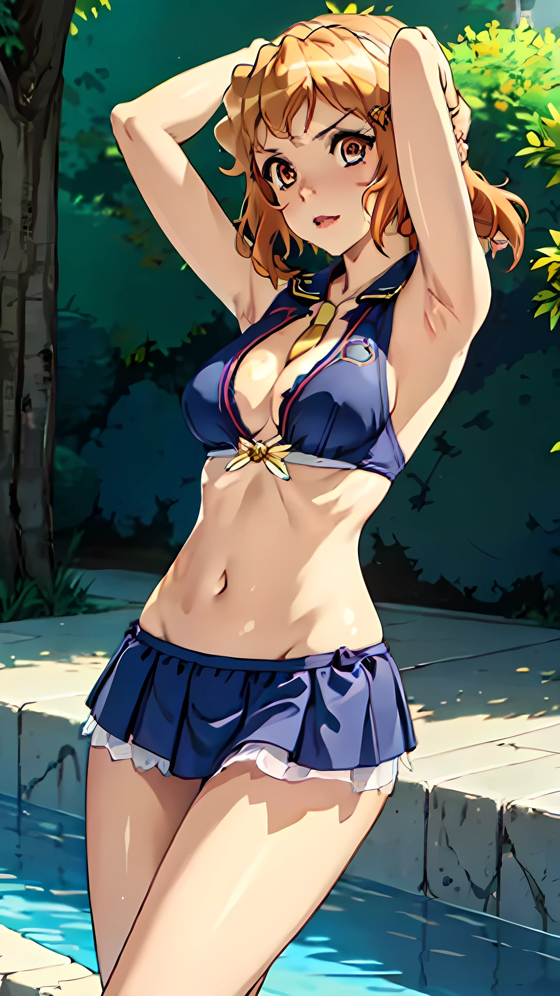  最high quality, high quality, High resolution, High quality texture, high qualityの影, Attention to detail, Beautiful details, In detail, Highly detailed CG, Detailed Texture, Realistic facial expressions, Realistic, colorful, delicate, Cinematic Light, Ray Tracing, Sharp focus, (Intricate details, compensate, Pure Eros Face_v1:0.5), (Beautiful and delicate face, Fine and beautiful delicate eyes, Perfectly balanced face, Attention to detail肌, Detailed skin, The optimal ratio is four fingers to one thumb, ((())), (), (((Cleavage))), ((Smooth texture, Realistic texture, Realistic)), Beautiful eyes in every detail, Beautiful eyelashes, orange eyes,, (((Blonde medium hair))), 1 female, By the pool, (((Kneel))), (((Light blue sailor suit, No sleeve, Front opening))), (((belly button ))), (((Sheer micro mini skirt))), (Beautiful Face, Cute Face, Detailed face), By the pool, (Cowboy Shot), (((Put your arms behind your head and show your armpits))), (((sunny))), Perfect Eyes Eyes,