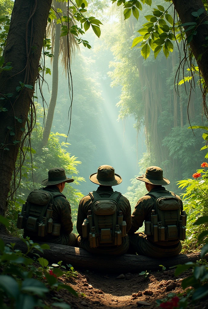 A picture of 3 special forces soldiers in a tropical jungle wearing hats sitting down