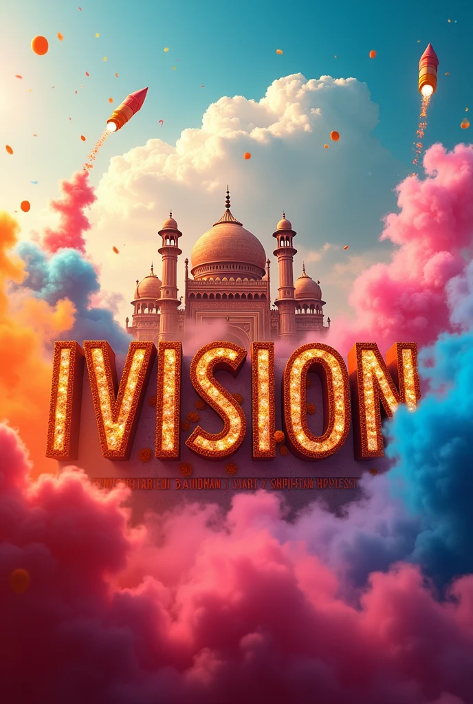 Create a large, stylized letter "IVISION" decorated with and smoke colors and elements of the Indian Raksha bandhan. The setting appears to be a raksha bandhan, as indicated by the fastival equipment,   including a beautiful cloud, and Indian Raksha bandhan at the base of the "IVISION" The overall theme seems to celebrate India raksha bandhan and fastival, possibly suggesting pride in Indian red fort and rocket fly in clouds 8k ultra quality images.