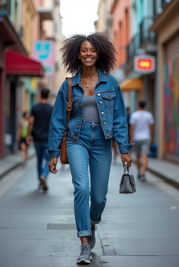 araffe woman walking down a street with a bag and a purse, wearing double denim, blue outfit, wearing a jeans jackets, she expressing joy, full body photogenic shot, double denim, with a happy expression, nathalie emmanuel, wearing denim, she is smiling and excited, 😭 🤮 💕 🎀, mixed art, blue jeans and grey sneakers