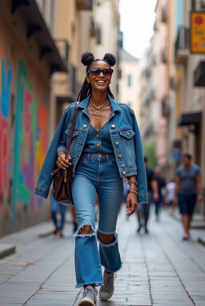 araffe woman walking down a street with a bag and a purse, wearing double denim, blue outfit, wearing a jeans jackets, she expressing joy, full body photogenic shot, double denim, with a happy expression, nathalie emmanuel, wearing denim, she is smiling and excited, 😭 🤮 💕 🎀, mixed art, blue jeans and grey sneakers