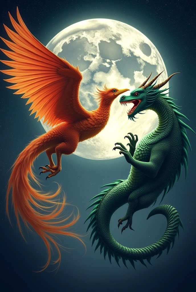 Realistic Phoenix and Dragon circulating the moon. The dragon's mouth is opened. the dragon has two hands. separate the two. Don't make them chubby.