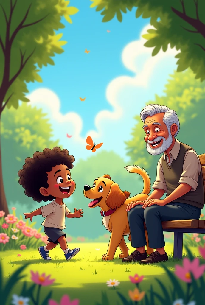 In cartoons a child Mateo with black skin.A dog running in the park and greeting an elderly man