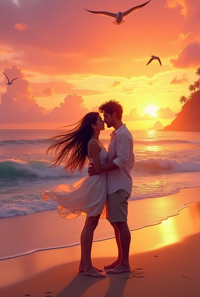 Help me with an image where there are two lovers on the beach right at sunset