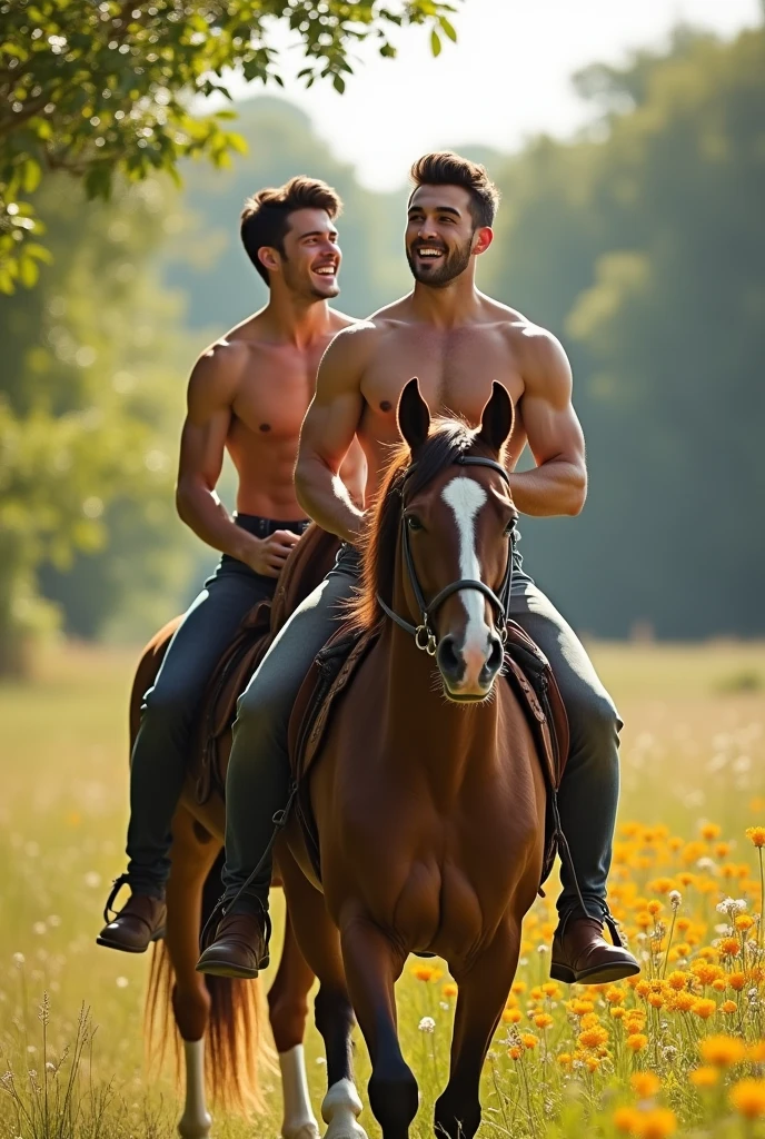 Two handsome young men, with beautiful faces and fair, smooth skin. One is light-skinned and the other muscular, shirtless, with short black hair. They are riding a horse together, on the same horse.