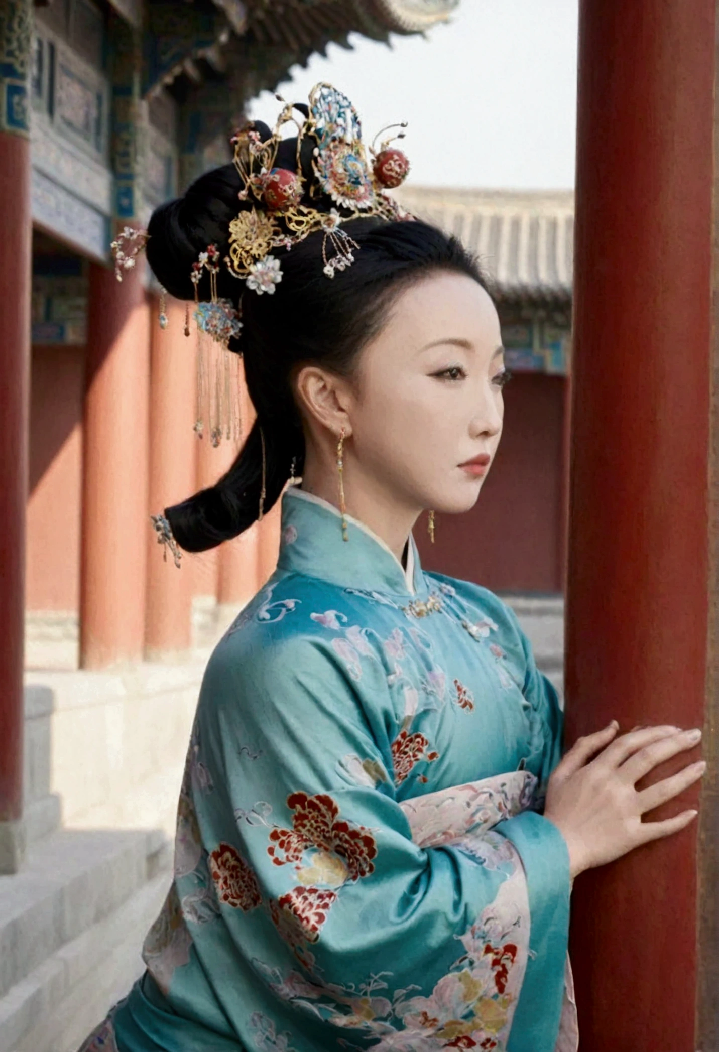 Qing dynasty empress naked and slightly busty, posing on all fours, buttocks protruding from profile, background outside Qing dynasty palace