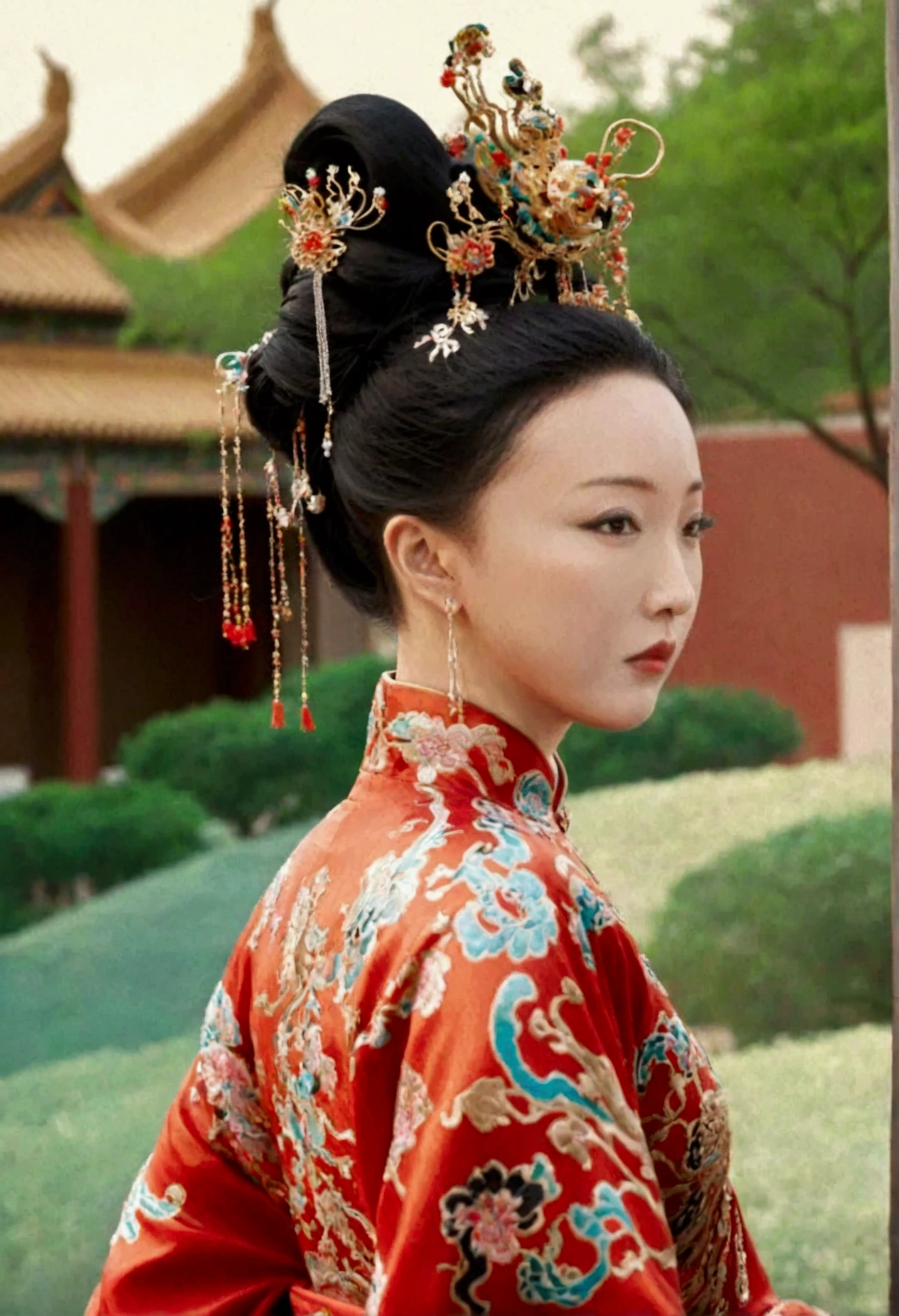 Qing dynasty empress naked and slightly busty, posing on all fours, buttocks protruding from profile, background outside Qing dynasty palace