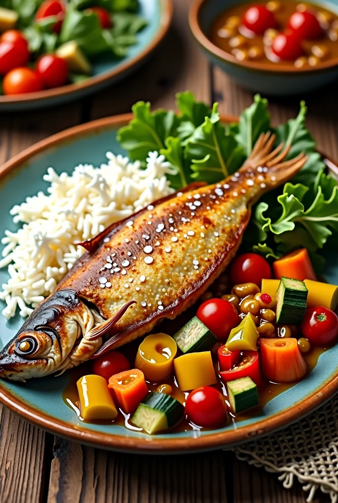 a dish of fried fish, with rice and vegetable stew, there should be a salad plate on the side