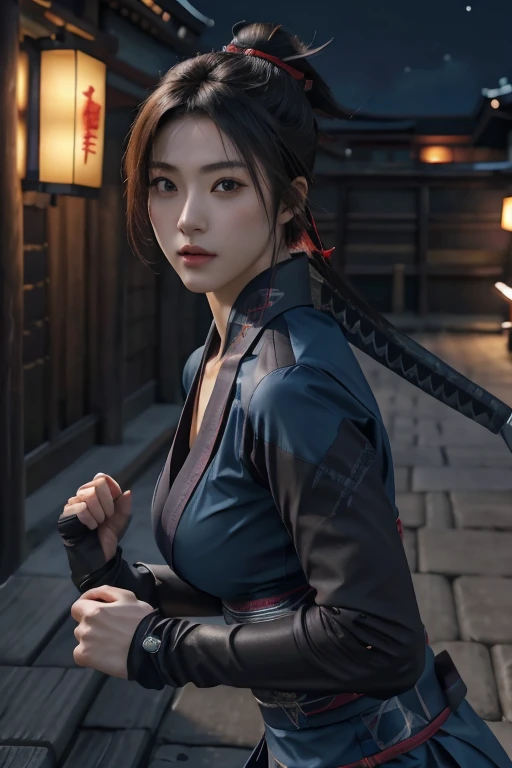 Highest quality,Ultra HD,Best AI Images, Full body photo,(beautiful face like a Japanese actress), Very detailed vfx portrait of, Female Ninja, Japanese kunoichi, cgsociety and Zhong Feng Hua, Covert behavior, Female Ninja, ((Scene of fighting with shurikens)),Scene of throwing shurikens 1.3,Portrait of a Japan woman, , Trending on deviantart, ((blue short ninja costume 1.5)),((sexy kunoichi,Big Breasts)), Japanese spy, 3D Rendering, (Beautiful Face 1.5), Key Visual, Vibrant, (((background 1 of a night mansion in the Sengoku period.5))), Very detailed, growing up,
