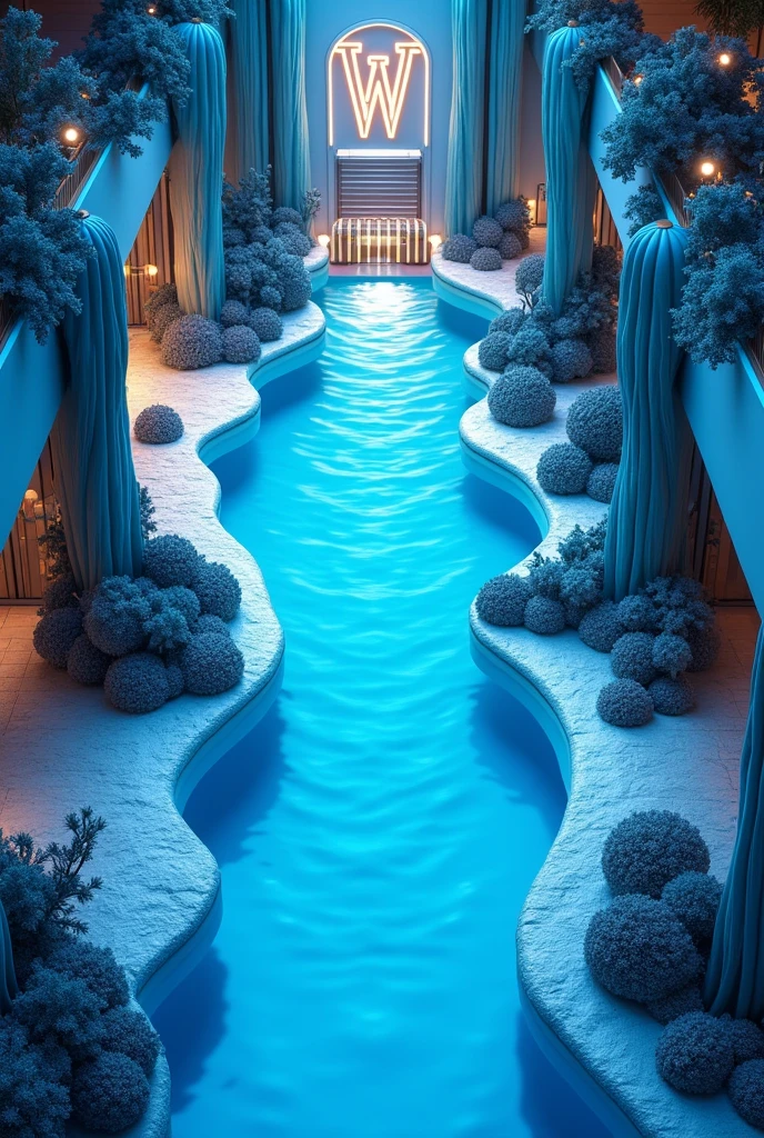 Top view of a 3D floor plan of a clothing store in a shopping mall, This store is large and inspired by the sea, it has a W letter in front of the store and several blue lights. It just swallows me up from the top view