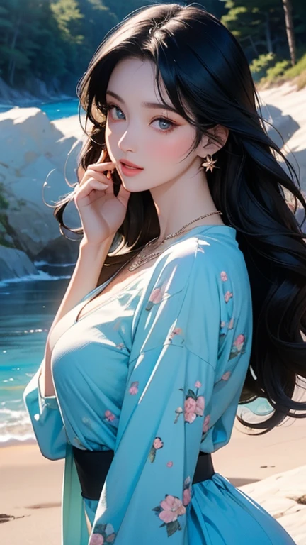 (masterpiece,Highest quality,,8k,High resolution),One female,,Beautiful Face,Beautiful Face,Beautiful eyes,Beautiful lips,,Black Hair,look back,,flower,Sandy beach with a view of the forest,A bright night with stars visible,jewelry,Holding,Long sleeve,necklace,Long Hair,dress,(whole body),Highly detailed anime art,