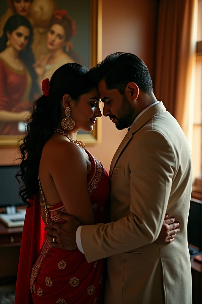 A couple embraces intimately in an office setting, with the woman in a traditional sari that highlights her back and shoulder details, while the man leans close, resting his forehead against hers. The background includes elegant decor and a portrait, suggesting a sophisticated environment. Both have a refined appearance, conveying a sense of romance and connection.