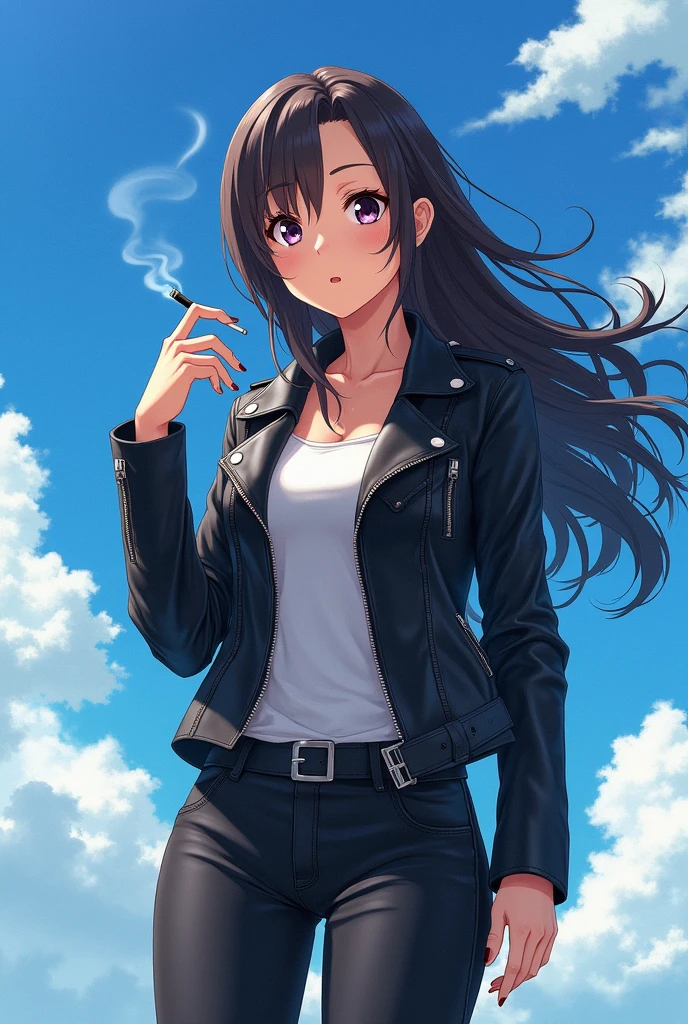 female anime wearing a jacket and smoking a cigarette with a blue sky as a background