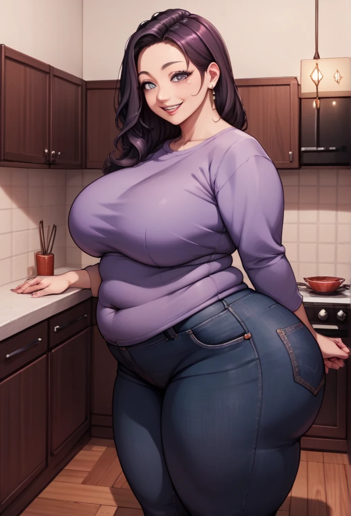 detailed illustration (side view),dynamic angle,ultra-detailed, illustration, pose for the camera, smiling at viewer, clean line art, shading, anime, 2020’s anime style, detailed eyes, detailed face, beautiful face,

1girl, mid 40’s year old Chinese American woman, during the day, in a fancy home, standing in the kitchen , wood paneled walls, beautiful dark wood floors, oriental rugs, obese and thicc,motherly and nurturing, silk waist-long dark hair, big round firm belly, 350 lbs+ weight, 6’ tall, strained purple sweater, soft smile, look cute, tight clothes, tight mom jeans, very wealthy looking, tall, grey eyes, anime eyes, thick thighs, large protruding belly, belly sag, thunder thighs, thighs always touching,