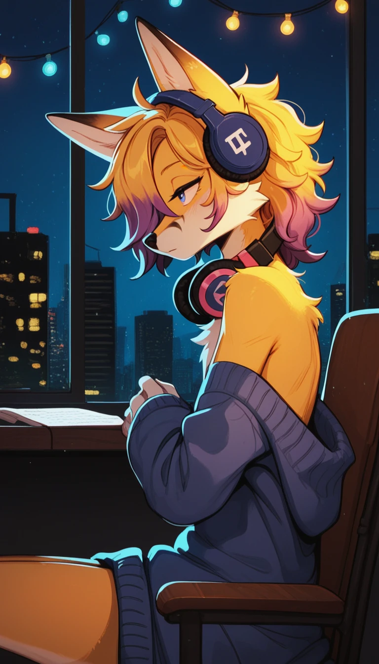 1boy, (femboy), anthro, furry, fur, fluffy fur, fox boy, yellow fur body, fluffy, long yellow hair, purple highlights, messy hair, (19 years), solo, (cozy apartment building, New York city), (night time:1.5), pitch black lighting, detailed, (hair covering one eye), half closed eyes, focused expression, (wearing a blanket), medium canine penis, sitting on a comfy chair behind a cozy desk, string lights hung around, wearing headphones, writing in a journal, (side view), window in the background, score_9, score_8_up, score_7_up, score_6_up, score_5_up, score_4_up, nsfw