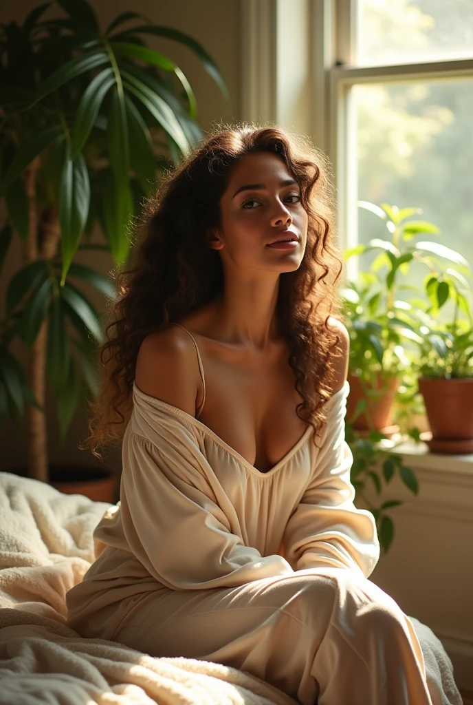 (photorealism:1.2), beautiful woman, sitting on bed, wearing loose off-shoulder top, pajama pants, long curly hair, indoors, soft lighting, plants in background, window with sunlight, cozy room, relaxed pose, realistic, intricate details, warm colors, by Greg Rutkowski, by Alphonse Mucha