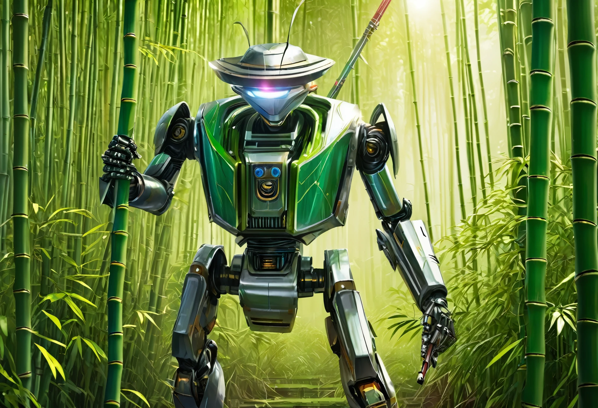 A metallic robot (obviously mechanical, dressed like a poor Chinese worker) is wandering through a dense bamboo forest, cutting and collecting Bamboo poles using a laser sword