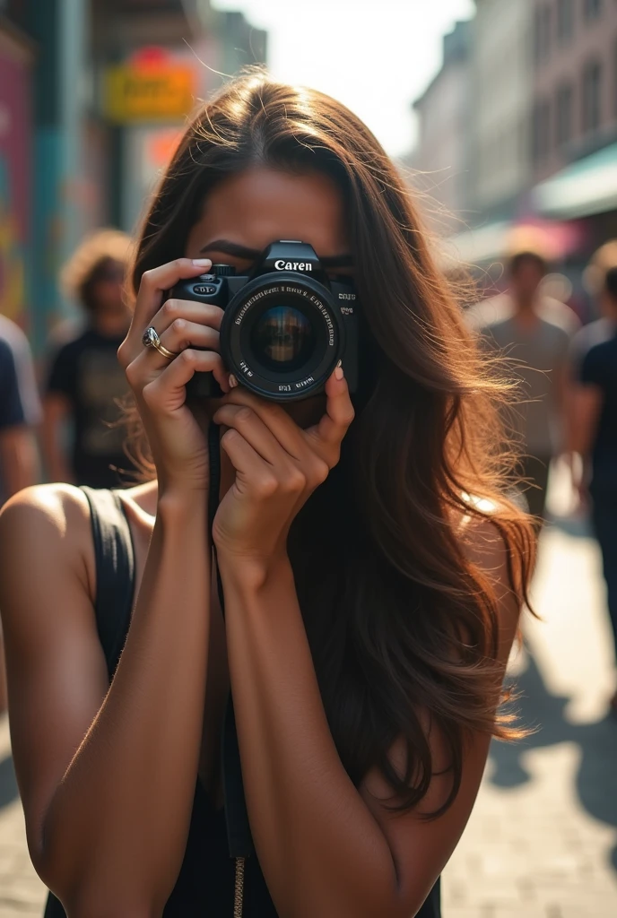 A brunette woman with straight hair 
 taking a realistic photo