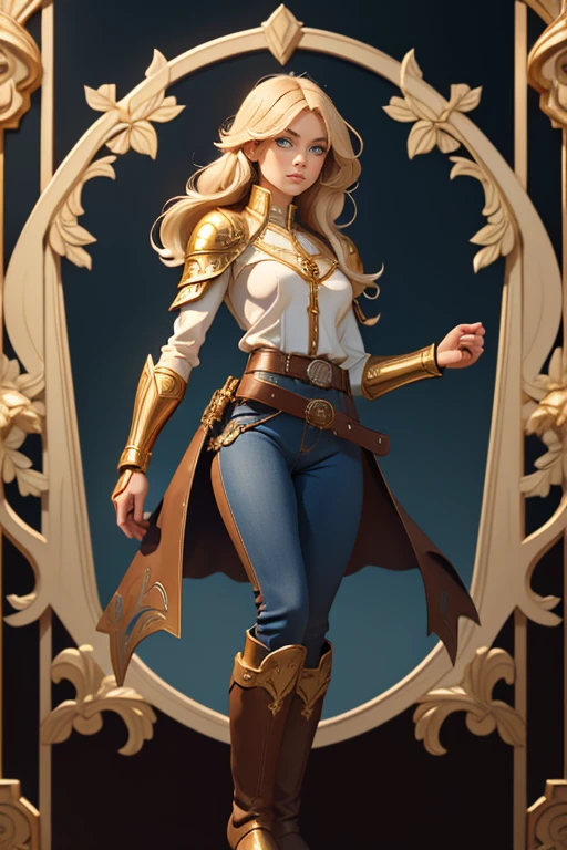 A full-body portrait of a young woman in anime style, with long, light blonde hair, framed by a white mantle adorned with golden details. She has intense blue eyes and wears a form-fitting blue armor with intricate engravings of leaves and flowers, and golden metal pieces covering her shoulders and arms. A dark brown leather belt with metallic buckles secures her armor at the waist. She wears brown leather boots, standing in a dynamic action pose. A cross-shaped pendant adorns her chest. The background features a blue sky with fluffy clouds, highlighting her majestic and noble appearance, visible from head to toe, wear tight pants