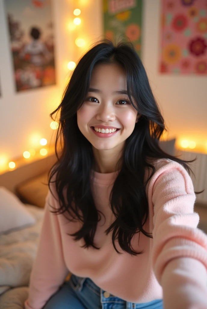 Beautiful girl with long hair, Japanese, 18 years old, private clothes, selfie