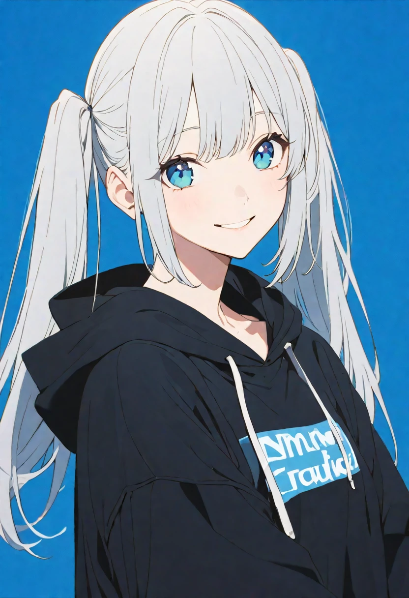 solo, good looking,1. woman,Straight Hair, Twin tails,Silver Hair,Blue Eyes,Soft impression,high school girl,Black oversized hoodie,Show Bra,,Highest,skin,,smile,,Blue background,sexy