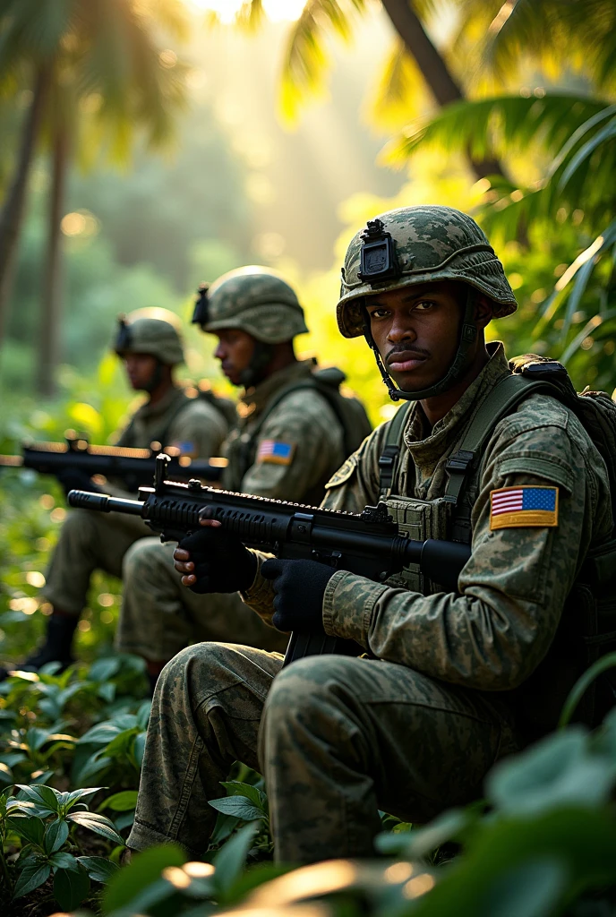 A picture of 3 special forces soldiers in a tropical jungle wearing hats and sitting with M4 rifles
