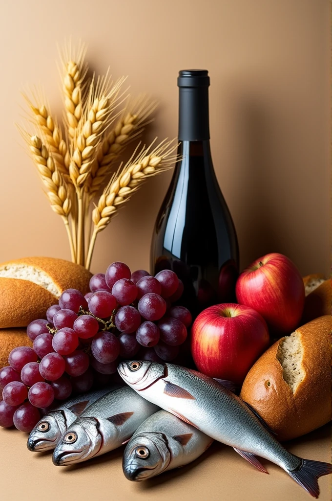 Still life with grapes, three ears of wheat, two apples, eight loaves of bread, a bottle of wine, three fish, with a beige background, horizontal format.