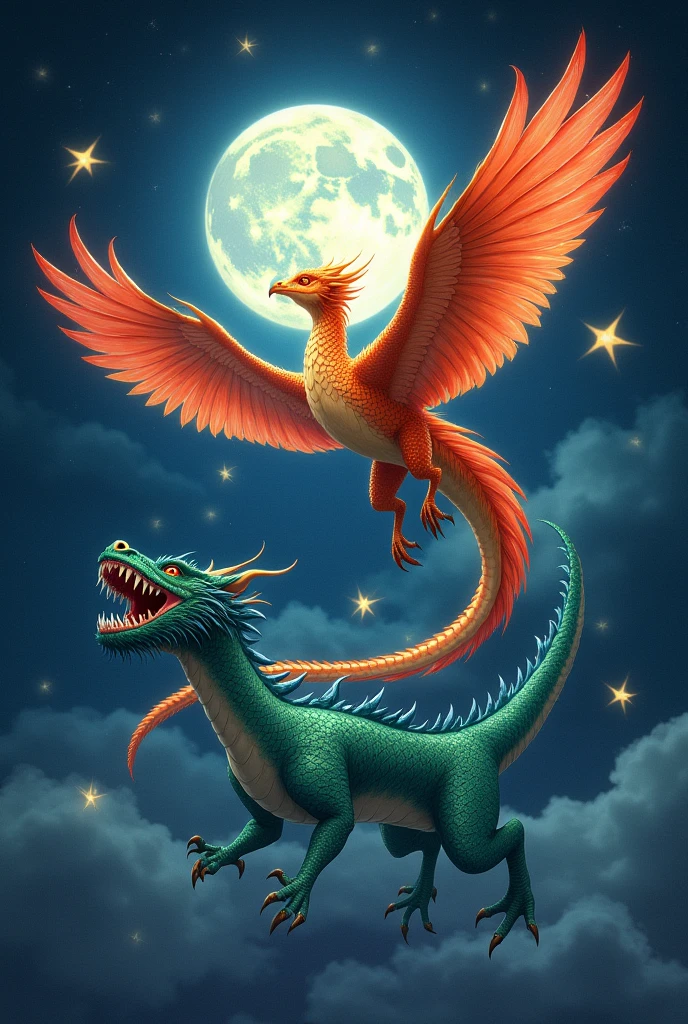Realistic Phoenix and Dragon circulating the moon. The dragon's mouth is opened. the dragon has two hands. separate the two. Don't make them chubby, just 2D not 3D.