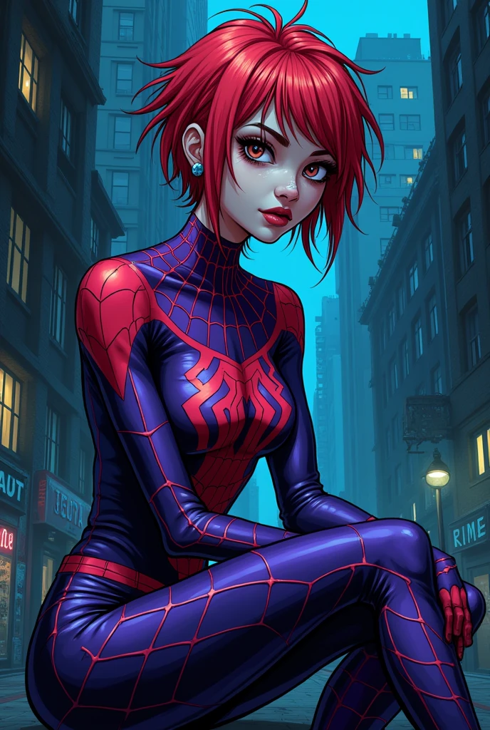 Gothic girl comic style with short red hair,with purple spiderman outfit,piercings nariz, sitting 
