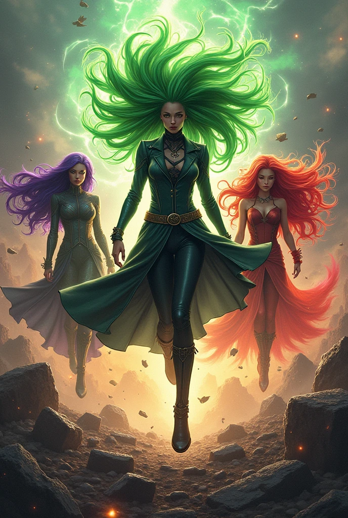 Tatsumaki, raven and Scarlett Witch elevated a few meters from the ground, Tatsumaki as in the One Punch Man manga, raven as in DC comics and Scarlett Witch as in the MCU, in a destroyed environment similar to the final fight of end game, epic, slightly realistic style but noticeable drawing , Tatsumaki with her green hair, raven purple hair and Scarlett reddish hair