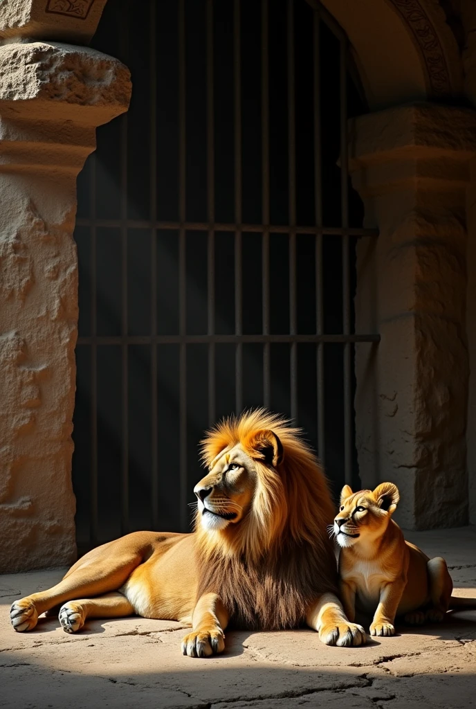 several lions lying in a cave with bars
