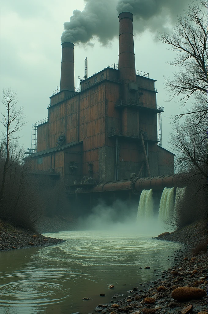 An image of a factory polluting the water and then dumping that dirty water outside, and that water going everywhere