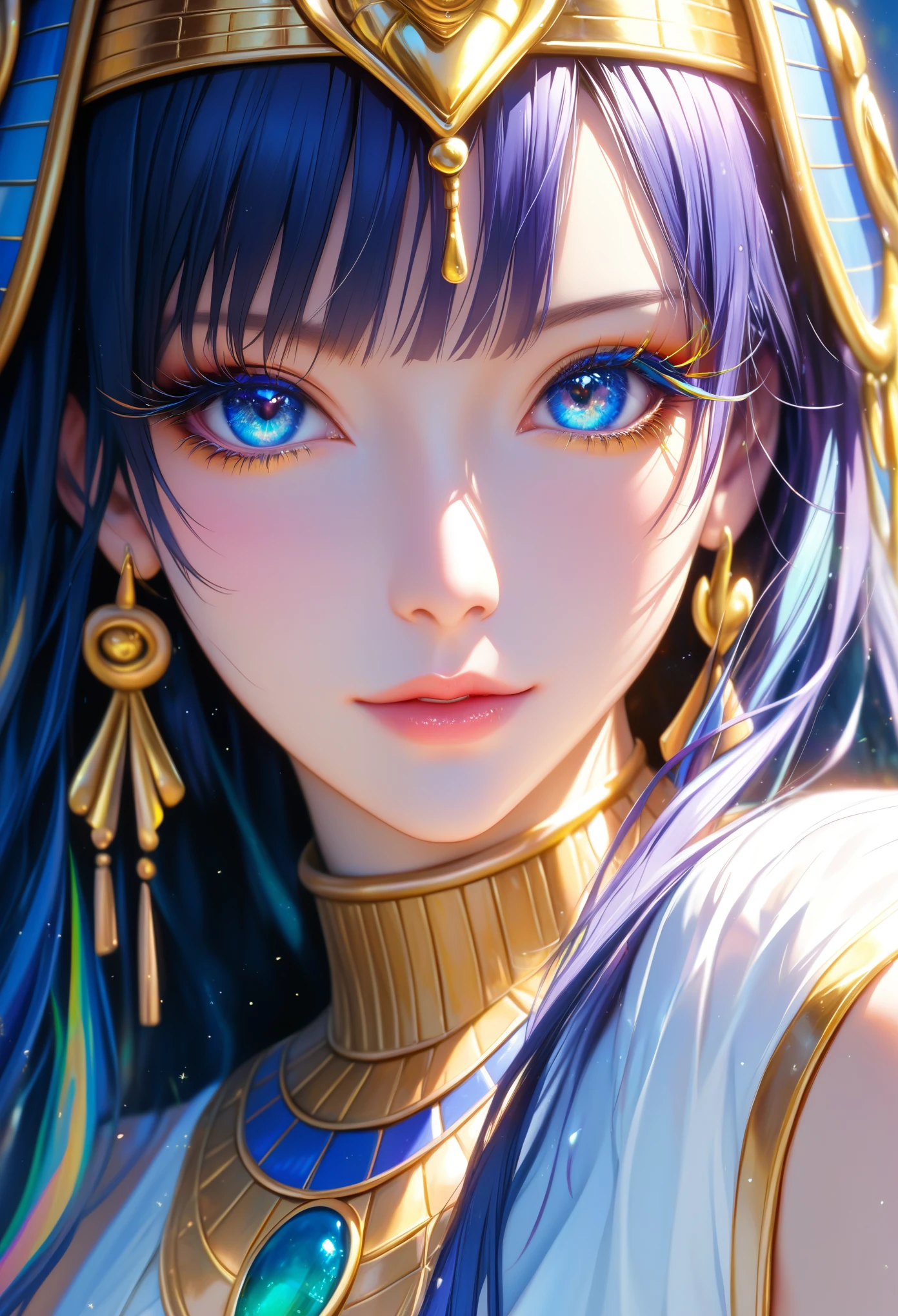 score_9, score_8_Excellent, score_7_Excellent,beautifulエジプトのアニメの女神の顔のクローズアップ,(masterpiece, Highest quality, Highest quality, Official Art, beautiful、beautiful:1.2), (One person), Very detailed, (Fractal Art:1.3), colorful, Most detailed, Perfect Face, Excellent半身, High resolution, (White costume, Gold embroidery:1.2), Impressive visuals, (Dynamic Stripes, Light trail:1.2), Vibrant colors, 編みExcellentげアップスタイル,,Swept-apart bangs,Realistic skin texture, Detailed Images, close-Excellent,Queen,Long Hair,Pharaoh,Cleopatra,(((Egyptian style decoration)),beautifulメイク,Very long eyelashes,blue eyes,Perfect Eyes,Mature Woman