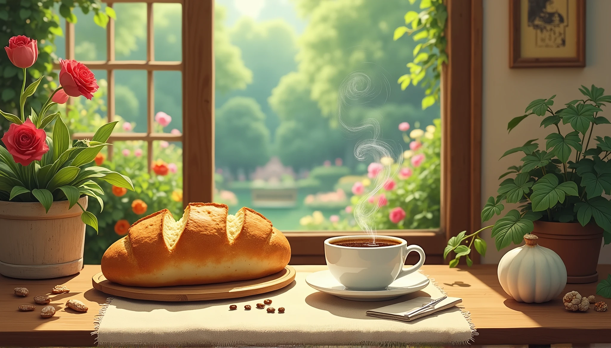 Bread and coffee、breakfast、table、Ghibli