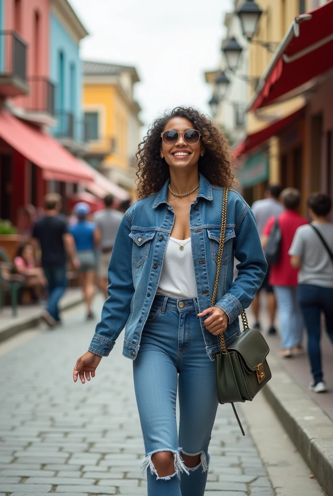 araffe woman walking down a street with a bag and a purse, a picture by Alexander Brook, featured on instagram, happening, wearing double denim, blue outfit, wearing a jeans jackets, she expressing joy, full body photogenic shot, double denim, with a happy expression, nathalie emmanuel, wearing denim, 😭 🤮 💕 🎀, she is smiling and excited